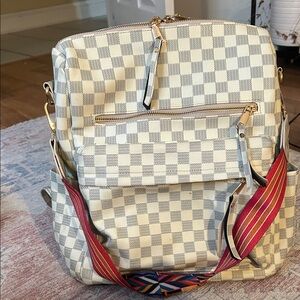 Cream Checkered Shoulder Bag with Multicolor Strap